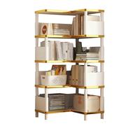 L-Shaped Corner Bookshelf - 5-Tier Bamboo Bookcase for Home Office, Living Room, or Kitchen - Stylish Triangular Design, Space-Saving, Elegant White Finish, Open Storage Solution
