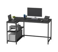 L shaped corner desk with storage and power outlets, Ebony Black / 120 x 80 cm