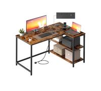 L shaped corner desk with storage and power outlets, Rustic Brown / 110 x 80 cm