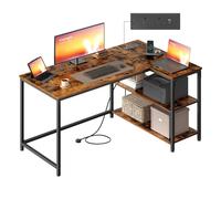 L shaped corner desk with storage and power outlets, Rustic Brown / 120 x 80 cm