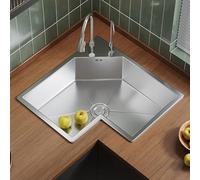 L-Shaped Corner Kitchen Sink 304 Stainless Steel Multifunctional Sink with 360° Rotating Faucet - Ideal for Dishwashing & Vegetable Cleaning