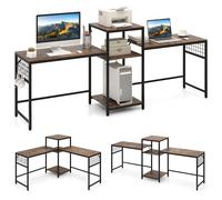 L-shaped Desk 240 cm Long Convertible 2-Person Desk COSTWAY Brown One Size