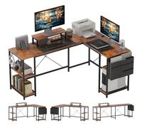 L-Shaped Desk Black Particleboard Steel 168x120x90cm Reversible Corner+Shelves.