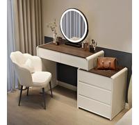 L-Shaped Dressing Table with LED Mirror Walnut Vanity Desk Space-Saving Corner Makeup Station with Chair & 5 Drawers for Home & Bedroom