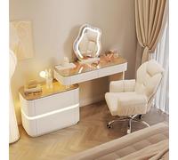 L-Shaped Executive Office Desk & Makeup Vanity Set, Stylish Solid Wood Frame with Lights, Easy Assembly, Includes 2-Drawer Chair & 39.4" Lounger, Modern White Finish