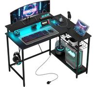 L Shaped Gaming Desk RGB LED Computer Corner Table Monitor Shelf Office Black