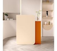 L-Shaped Modern Reception Desk Wood Front Counter Table for Beauty Salons & Offices Small Checkout Counter Almond & Orange Finish Stylish Reception Area Furniture