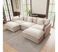 L Shaped Modular Sofa, Comfy 3 Seater Sectional with Movable Ottoman Footstool, Oversized Chenille Deep Seat Sofa for Living Room, Footstool Included