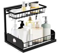 L-Shaped Pull Out Kitchen Cabinet Organiser Dish Drying Rack, Under Sink Sliding Storage Shelf with Suction Cups, 2-Tier Space Saving Rack for Spices & Utensils (Black)