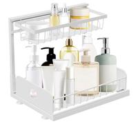 L-Shaped Pull Out Kitchen Cabinet Organiser Dish Drying Rack, Under Sink Sliding Storage Shelf with Suction Cups, 2-Tier Space Saving Rack for Spices & Utensils (White)