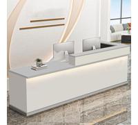L-Shaped Reception Desk with LED Lights Modern Wooden Front Counter with Lockable Drawer for Offices Classrooms & Lecterns - Stylish White & Gray 140cm/55in