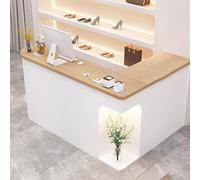 L-Shaped Reception Desk with Lockable Drawer, Wooden Checkout Counter for Clothing Store & Beauty Salon, Modern Front Counter Table, 47.2in White & Brown Finish