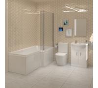 L-Shaped RH Shower Bath, White Basin Vanity Unit Closed Coupled Toilet