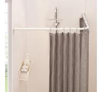 L Shaped Shower Curtain Pole, Curved Shower Curtain Rail, 62-122cm x 62-122cm Telescopic Rod for Bathroom Bathtub, Stainless Steel with 12 Ring Hooks & Ceiling Support (White)
