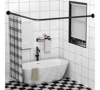 L Shaped Shower Curtain Rail, Adjustable (Black 60-133 cm x 180-215 cm), Corner Shower Curtain Rail, Genuine 304 Stainless, Not-Sag, Drill-Free, 90° Corner Design, Includes 12 Shower Curtain Rings