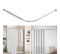 L Shaped Shower Curtain Rail, Extendable Shower Curtain Pole, Stainless Steel Curved Curtain Pole, Shower Curtain Rod with 12 Hooks for Bathroom Bathtub (Silver, 68-98cm x 192-222cm)