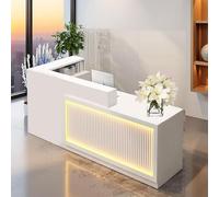 L-Shaped Solid Wood Reception Desk with Lockable Drawers, Customer Service Counter for Home Office, Lobby, Retail Checkout - White Grille, 71" x 23.6" x 39.3"