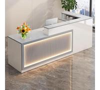 L-Shaped Solid Wood Reception Desk with Lockable Drawers, Customer Service Counter for Home Office, Lobby, Retail Checkout - White Grille, 71" x 23.6" x 39.3"
