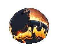 L Shower Cap for Women & Men â€“ Double-Layer Aircraft Plane at Sunset Print Bath Hair Cap, Salon Shower Hat & Travel Essential