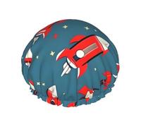 L Shower Cap for Women & Men â€“ Double-Layer Cartoon Rockets Print Bath Hair Cap, Salon Shower Hat & Travel Essential