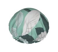 L Shower Cap for Women & Men â€“ Double-Layer Mint Gray Leaves Print Bath Hair Cap, Salon Shower Hat & Travel Essential