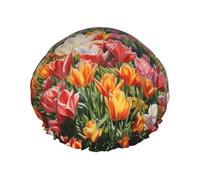 L Shower Cap for Women & Men â€“ Double-Layer Tulip Garden Print Bath Hair Cap, Salon Shower Hat & Travel Essential