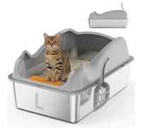 L Stainless Steel Cat Litter Tray for Big Cats,High-Sided Anti-Leakage Litter Tray Cat Litter Box,45x30x29cm,Odour-Proof Non-Sticky Easy Clean,Anti-slip Rubber Bottom,Includes Scoop