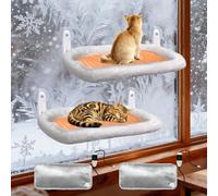 L&W BROS. 2PC Heated Cat Window Perch Adjustable Thermostat & Timer, Dual Window Hammocks with 8 Strong Suction Cups, Easy-to-Clean Warm Beds for Multi Cats Homes, Holds Up to 50lbs Each (M 2PC)