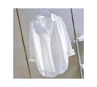 (L, white) Pure Cotton Double Pocket White Shirt Women Long-sleeve Blouse Spring Autumn Tops Lapel Buttoned Irregular Shirts