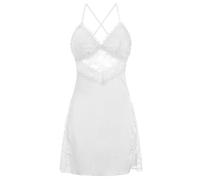(L, White) Women Sexy Nightie Built in Bra Multicolor Lace Nightgown Backless See-through Off-shoulder Deep V Neck Sleepwear M White