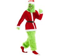 (L-XL) Christmas Santa Suit Green Costume 7pcs Regular Cosplay Costume for Adults