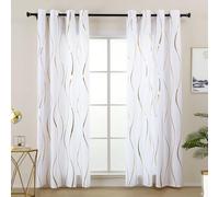 L.Z.E Gold White Privacy Curtains for Bedroom Living Room, Eyelet Light Filtering Curtain Drapes for Dining Room Kitchen Windows, 90 Inch Drop Opaque & Thin, 225 cm Long, 2 Panels Set Wave Pattern