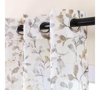 L.Z.E Long Brown Sheer Curtains with Leaf Design, 88-90 Inch Drop, Eyelet Voile Drapes for Living Room & Bedroom, Lightweight Linen-Look Window Curtains, See-Through Transparent Long (225 cm Length)