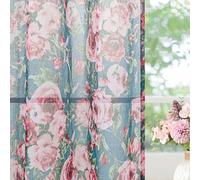 L.Z.E Long Green Sheer Curtains with Floral Design, 88-90 Inch Drop, Pencil Pleat Voile Drapes for Bedroom & Living Room, See-Through Transparent Long (225 cm Length)