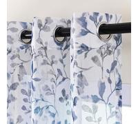 L.Z.E Long Navy Blue Sheer Curtains with Leaf Design, 88-90 Inch Drop, Eyelet Voile Drapes for Bedroom & Living Room, Linen-Look Window Curtains, See-Through Transparent Long (225 cm Length)
