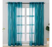 L.Z.E Teal and White Sheer Curtains 84 Inch Long 2 Panels Set for Living Room, Voile Sheer Curtains & Drapes for Bedroom Dining Room Kids Room, Rod Pocket Wave Pattern Window Sheers (55W x 84L)