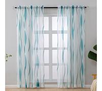 L.Z.E White and Teal Sheer Curtains 84 Inch Long 2 Panels Set for Living Room, Voile Sheer Curtains & Drapes for Bedroom Dining Room Kids Room, Rod Pocket Wave Pattern Window Sheers (55W x 84L)
