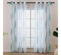 L.Z.E White and Teal Sheer Curtains 84 Inches Long, Light Filtering Elegant Patterned Curtains with Design for Living Room Bedroom Dining Room, Lightweight Window Drapes, Grommet Top 2 Panels Set