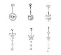 L0famy 6 Pcs Stainless Steel Belly Piercing Jewellery, Silver Belly Button Bars, Hypoallergenic BellyButton Rings Navel Flower Butterfly Tassel Heart Piercing Jewellery