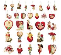 L1rabe 46Pcs Victorian Vintage Wooden Hanging Ornaments, Valentine Heart Shape Decorations, Wedding Anniversary Engagement Decor, Multiple Occasions
