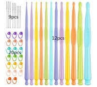L6NqIAG Crochet Kit 12pcs 2-10mm Plastic Crochet Hooks Set Comfortable Ergonomic Handle Needle DIY Knitting with Stitch Markers&Big Eye Needles