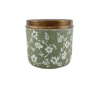 L6x2N9b5 Flower Pots Green with Gold Edged Cylindrical Plant Pot, with White Floral Embossed Texture Cement Flower, for Decorate Living Room Bedroom Study