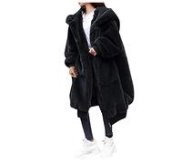 L9WEI Long Oversized Faux Fur Coat With Hood - Elegant Plain Warm Plush Jacket, Loose Winter Style, Black, M