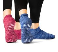 LA Active Grip Socks - 2 Pairs - Yoga Pilates Barre Ballet Non Slip Covered (Slublime Blue and Knit Ruby, Medium)
