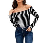 LA BAIESO Striped Off The Shoulder Tops for Women Spring Fall Long Sleeve Knit Shirts Slim Fit Sexy Boat Neck Y2K Blouses, Black Stripe, M