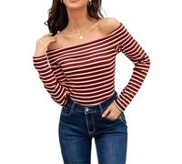 LA BAIESO Striped Off The Shoulder Tops for Women Spring Fall Long Sleeve Knit Shirts Slim Fit Sexy Boat Neck Y2K Blouses, Maroon Stripe, XL