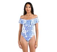 La Blanca Women's One Piece Swimsuit Off Shoulder Ruffle Bathing Suit, Blue//Beyond The Pacific, 14