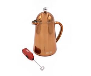 La Cafetière 2pc Coffee Set with Copper Havana 8-Cup Double Walled Cafetière and Red Battery Milk Frother