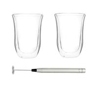 La Cafetière Latte Mugs and Frother, Set of 2 300ml Double Walled Glass Latte Mugs and Handheld, Battery Operated, Portable Coffee Frother - Clear - Borosilicate Glass - Coffee Glasses