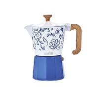 La Cafetière Venice 6 Cup Espresso Maker, 290ml Aluminium Stovetop Coffee Maker with Floral Design, Gas and Electric Hob Moka Pot with Wooden Handle, Blu Fiorato